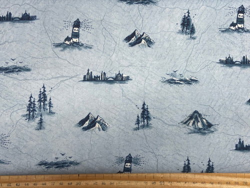 janet clare moda longshore long shore small boat lighthouse  blue cotton fabric shack malmesbury