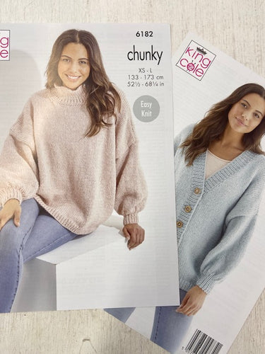 king cole Ladies Easy Knit Cowl Neck Jumper & Cardigan Timeless Chunky knitting pattern 6182 fabric shack malmesbury