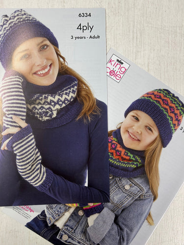 king cole knitting pattern 6334 hat cowl ladies kids gloves wrist warmer scarf tiptoe tip toe 4ply 4 ply fabric shack malmesbury