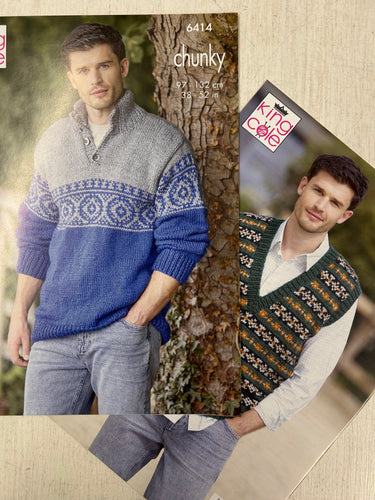 king cole knitting pattern 6414 gents tanktop tank top jumper fairisle chunky dalesway fabric shack malmesbury