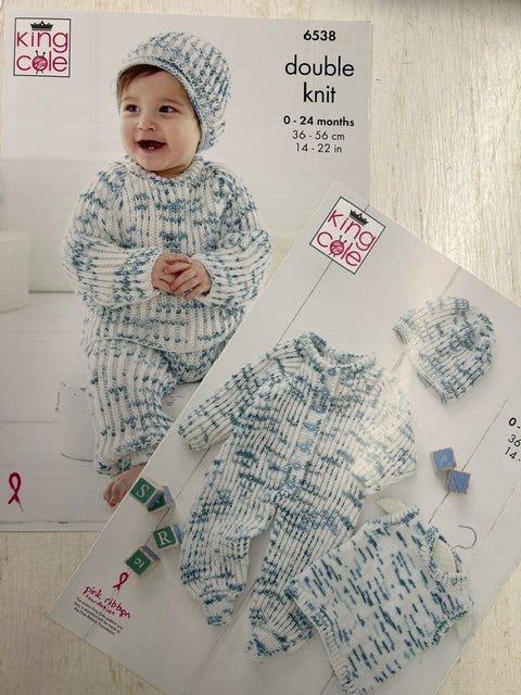 king cole knitting pattern Babies Jumper Vest Onesie Trousers Hat Dot Dot Dash Double Knit fabric shack malmesbury 6538