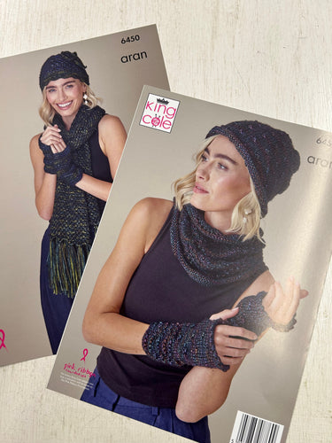 king cole knitting pattern Ladies Accessories Hat Scarf Snood & Handwarmers Firefly Aran 6450 fabric shack malmesbury