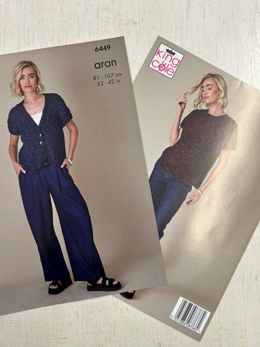 king cole knitting pattern Ladies Short Sleeve Top & Button Up Cardigan Firefly Aran 6449 fabric shack malmesbury