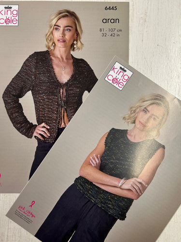 king cole knitting pattern Ladies Tie Up Cardigan & Tank Top Slipover Firefly Aran 6445 fabric shack malmesbury