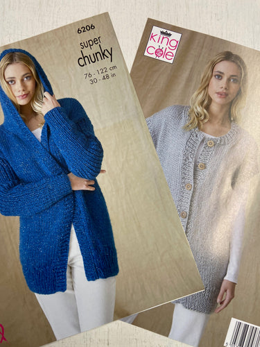 King Cole Ladies Short Sleeved Cardigan & Hooded Cardigan Celestial Super Chunky Knitting Pattern 6206