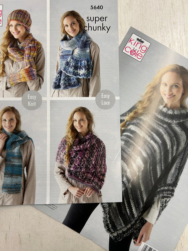 king cole knitting pattern ladies super chunky accessories hat scarf gloves poncho fabric shack malmesbury