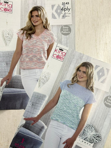 king cole knitting pattern ladies womens top t-shirt easy lace giza cotton 4ply 4 ply fabric shack malmesbury 5143