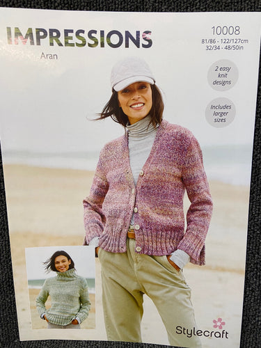 ladies roll neck jumper sweater cardigan stylecraft impressions aran knitting pattern 10008 fabric shack malmesbury