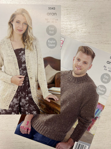 ladies womens gents jumper easy knit raglan sleeve sweater cardigan knitting pattern aran knit fabric shack malmesbury 5543