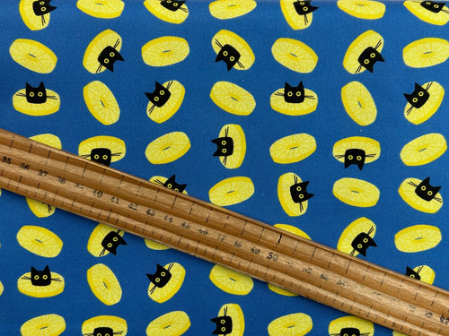 leezaworks dear stella furruit platter cat black fruit pineapple regatta blue cotton fabric shack malmesbury