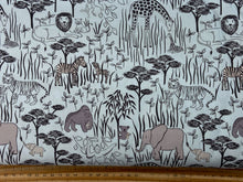 lewis & and Irene special delivery baby nursery wild animals zebra giraffe lion tiger monkey elephant koala ape blue cotton fabric shack malmesbury