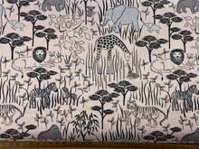 lewis & and Irene special delivery baby nursery wild animals zebra giraffe lion tiger monkey elephant koala ape pink cotton fabric shack malmesbury