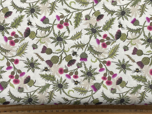 Lewis & Irene Highlands Bee & Thistle Soft Cream Cotton Fabric by 1/4 Metre*