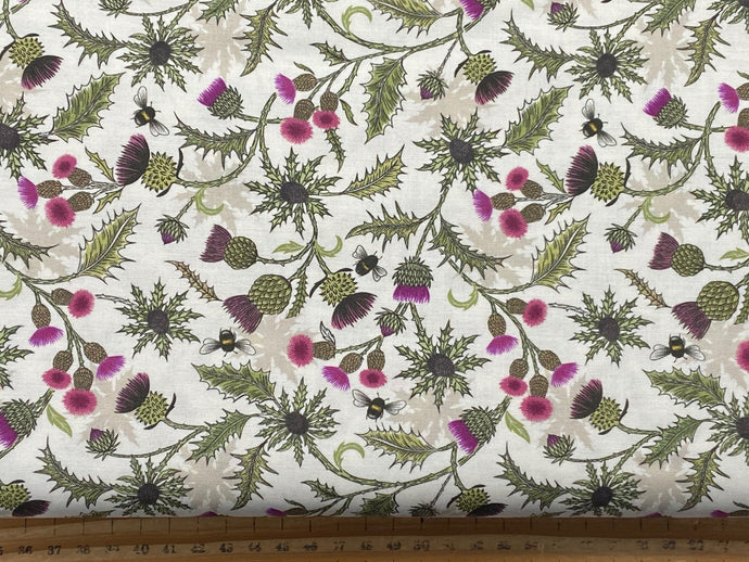 Lewis & Irene Highlands Bee & Thistle Soft Cream Cotton Fabric by 1/4 Metre*