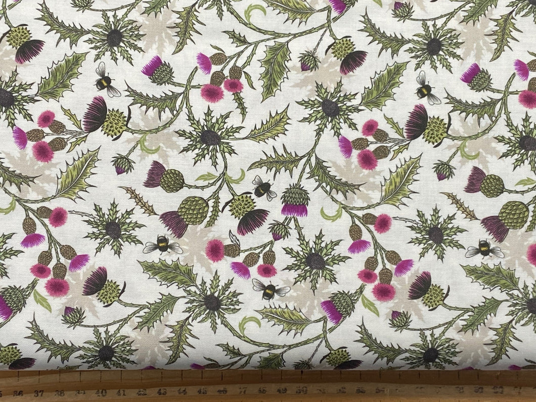 Lewis & Irene Highlands Bee & Thistle Soft Cream Cotton Fabric by 1/4 Metre*