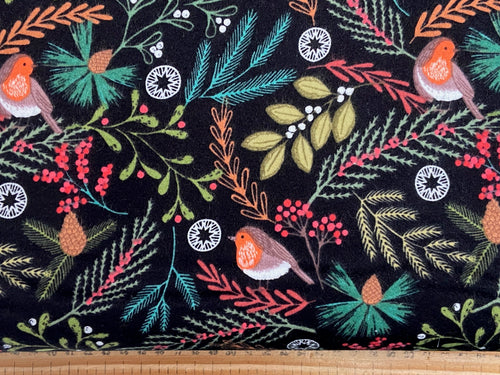 lewis and irene new forest winter flannel brushed cotton robin christmas fluffy green black berries fabric shack malmesbury