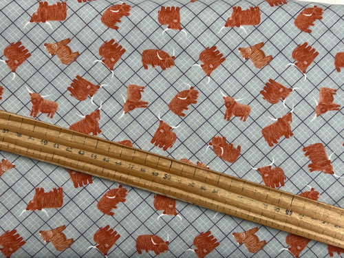 lewis & and irene a celtic summer highland cows cow check plaid tartan blue cotton fabric shack malmesbury