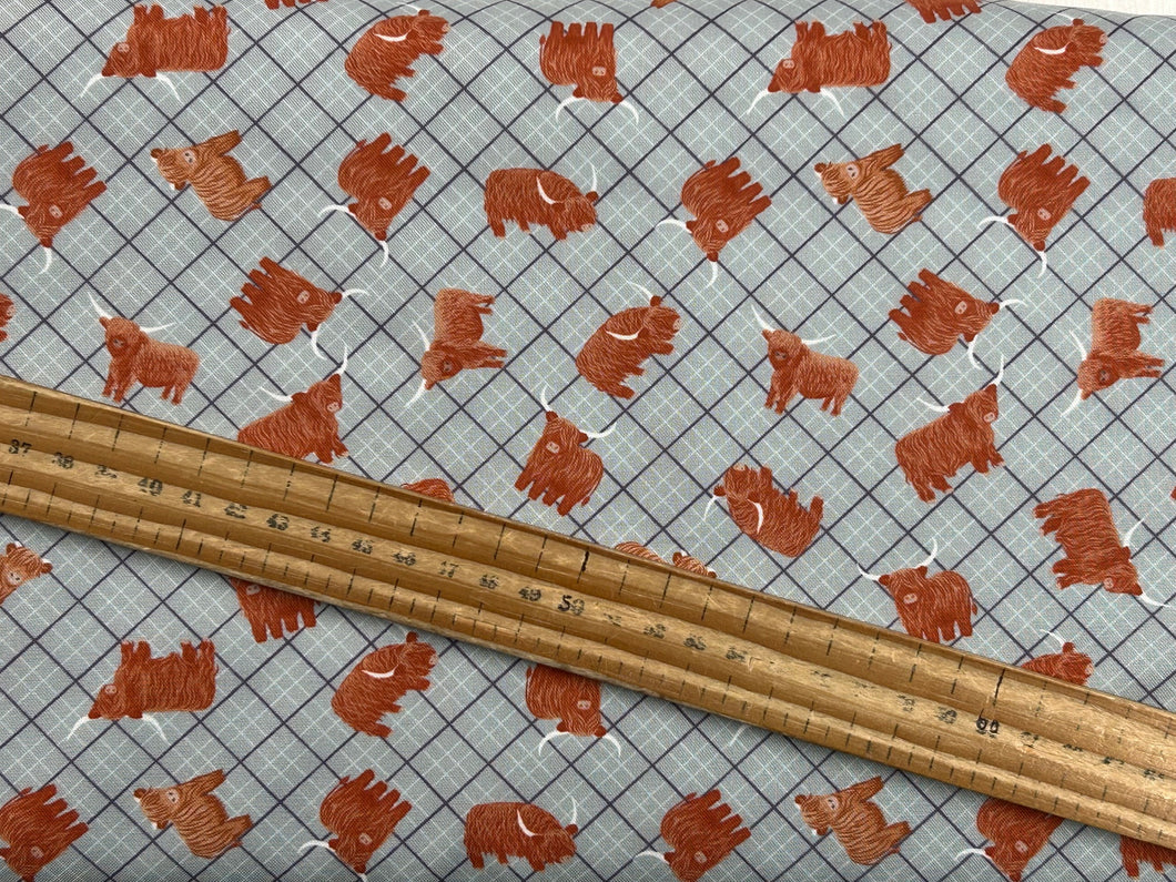 lewis & and irene a celtic summer highland cows cow check plaid tartan blue cotton fabric shack malmesbury