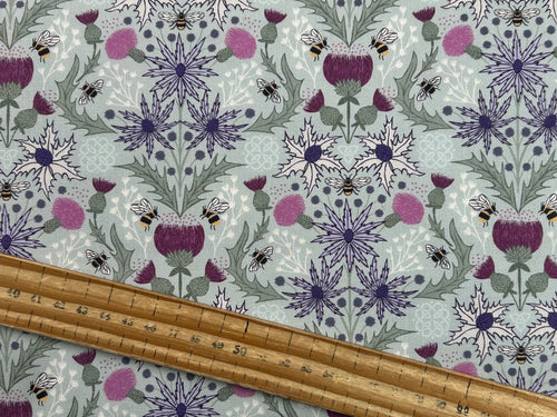 Lewis & Irene A Celtic Summer Mirrored Thistle & Bee Duck Egg Blue Cotton Fabric by 1/4 Metre*
