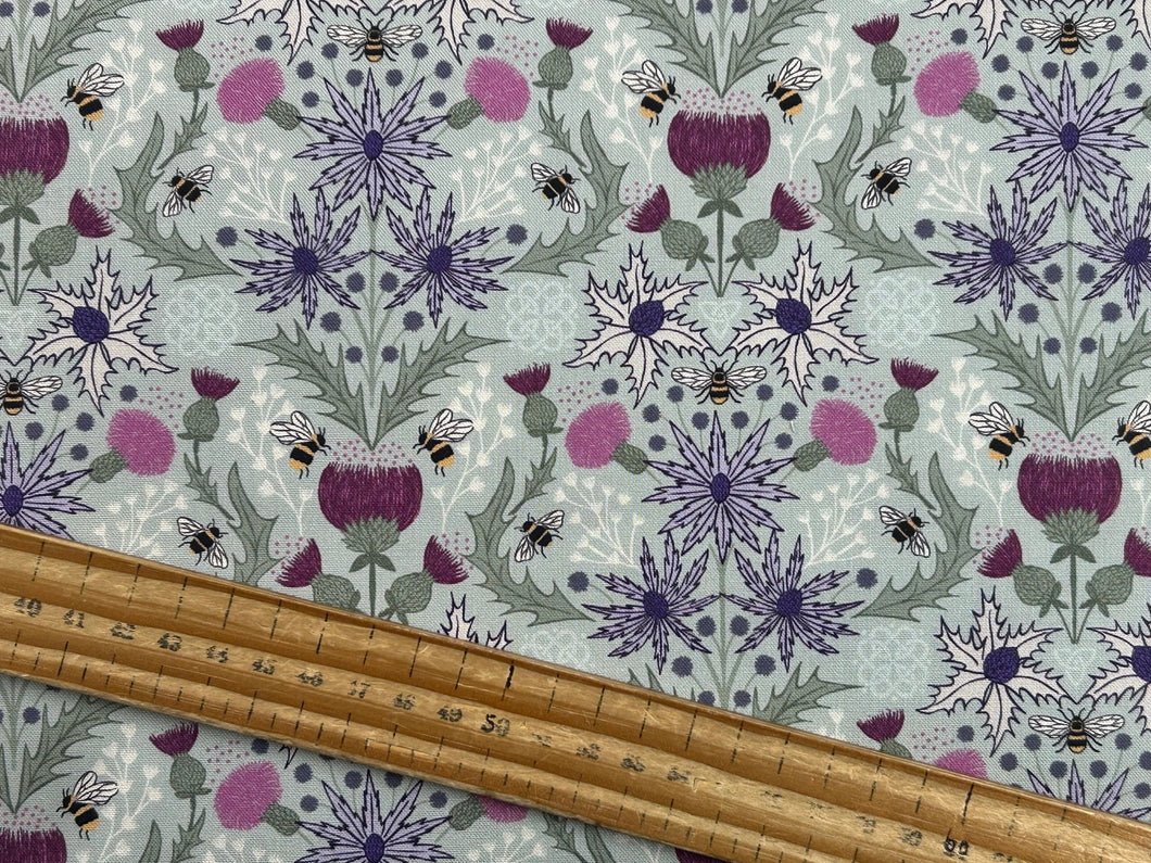 Lewis & Irene A Celtic Summer Mirrored Thistle & Bee Duck Egg Blue Cotton Fabric by 1/4 Metre*