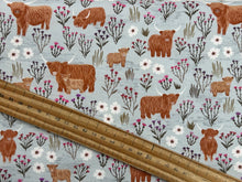 lewis & and irene a celtic summer summer meadow highland cow cows breezy blue cotton fabric shack malmesbury