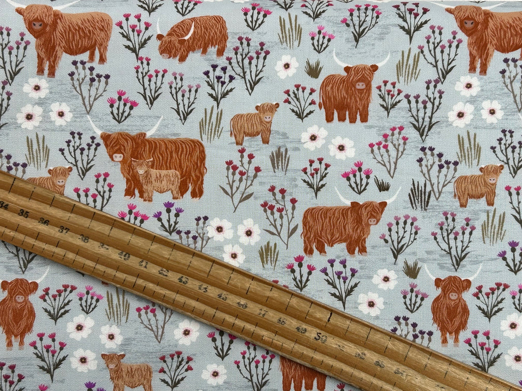 lewis & and irene a celtic summer summer meadow highland cow cows breezy blue cotton fabric shack malmesbury