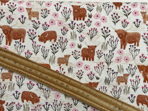 lewis & and irene a celtic summer summer meadow highland cow cows cream cotton fabric shack malmesbury