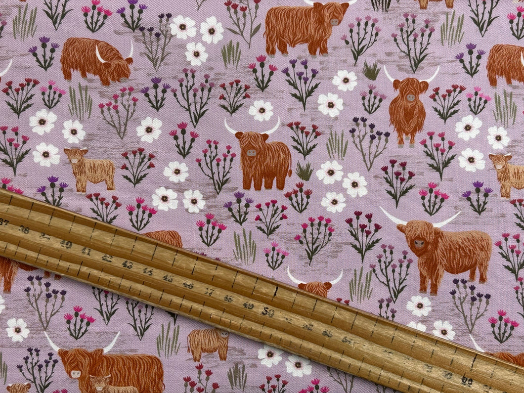 lewis & and irene a celtic summer summer meadow highland cow cows heather cotton fabric shack malmesbury