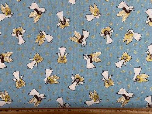 lewis & and irene away in a manger christmas cotton nativity scene angels celestial blue gold metallic fabric shack malmesbury