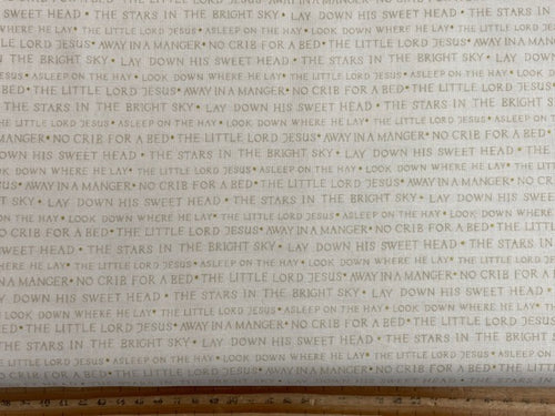 lewis & and irene away in a manger christmas cotton nativity scene script words cream gold metallic fabric shack malmesbury