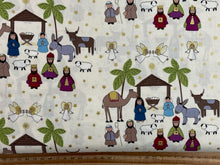 lewis & and irene away in a manger christmas cotton nativity scene wise men donkey sheep shepherd cream metallic fabric shack malmesbury