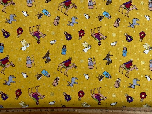 lewis & and irene away in a manger christmas cotton nativity scene wise men donkey sheep shepherd gold metallic fabric shack malmesbury