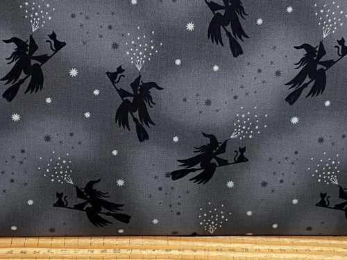 lewis & and irene cast a spell halloween goth gothic crow cauldron bat purple black grey cotton fabric shack malmesbury Flying witches grey