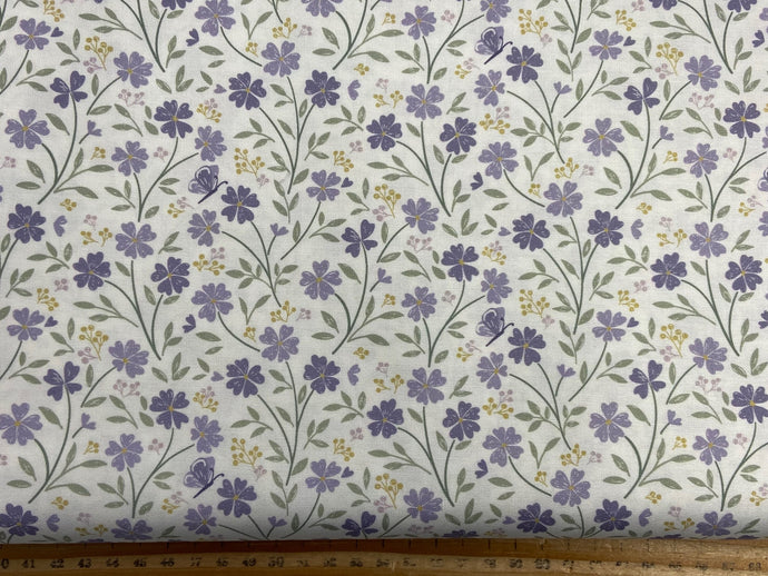 lewis & and irene floral song lavender blossom purple butterfly daisy daisies flowers floral flower bloom on purple cotton fabric shack malmesbury