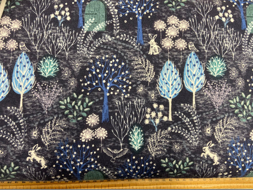 lewis & and irene secret winter garden brushed cotton flannel tree seed pod flower forest hare owl midnight blue fabric shack malmesbury