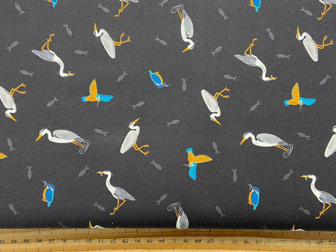 lewis & and irene small things rivers and creeks heron kingfisher dark grey cotton fabric shack malmesbury 2