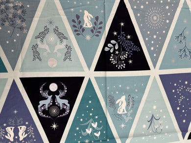 lewis & and irene winter winters moon hare star metallic pearl blue bunting panel cotton fabric shack malmesbury