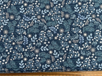 lewis & and irene winter winters moon hare star metallic pearl blue frosted foliage snowdrop cotton fabric shack malmesbury