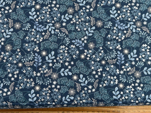 lewis & and irene winter winters moon hare star metallic pearl blue frosted foliage snowdrop cotton fabric shack malmesbury