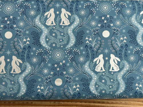 lewis & and irene winter winters moon hare star metallic pearl blue hare iced aqua cotton fabric shack malmesbury