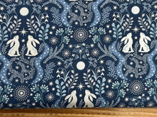lewis & and irene winter winters moon hare star metallic pearl blue hare midnight cotton fabric shack malmesbury
