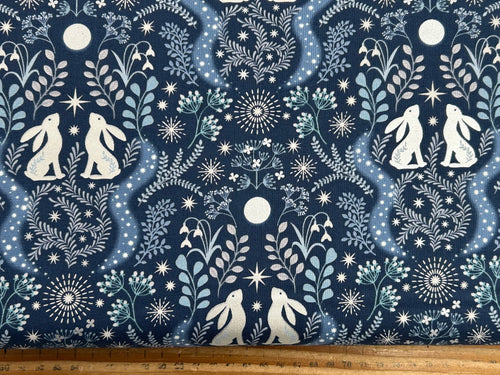 lewis & and irene winter winters moon hare star metallic pearl blue hare midnight cotton fabric shack malmesbury