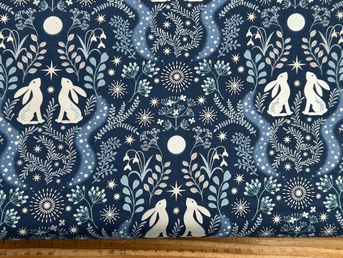 lewis & and irene winter winters moon hare star metallic pearl blue hare midnight cotton fabric shack malmesbury