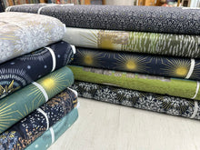 lewis & irene winter solstice stone henge trees sun star flowers metallic cotton fabric shack malmesbury stack photo 