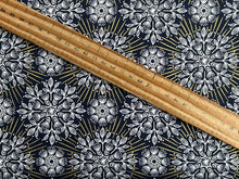 lewis & irene winter solstice stone henge trees sun star flowers metallic cotton fabric shack malmesbury flowers midnight blue 