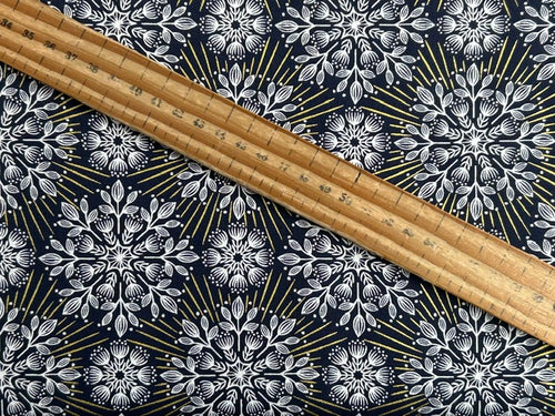 lewis & irene winter solstice stone henge trees sun star flowers metallic cotton fabric shack malmesbury flowers midnight blue 