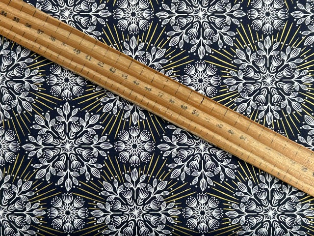 lewis & irene winter solstice stone henge trees sun star flowers metallic cotton fabric shack malmesbury flowers midnight blue 