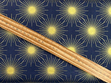 lewis & irene winter solstice stone henge trees sun star flowers metallic cotton fabric shack malmesbury solstice sun midnight blue 