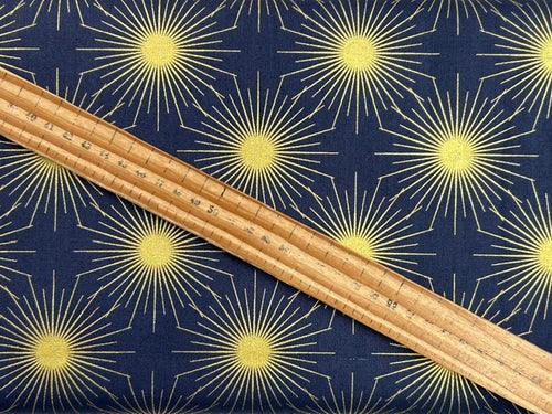 lewis & irene winter solstice stone henge trees sun star flowers metallic cotton fabric shack malmesbury solstice sun midnight blue 