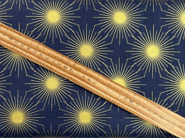 lewis & irene winter solstice stone henge trees sun star flowers metallic cotton fabric shack malmesbury solstice sun midnight blue 